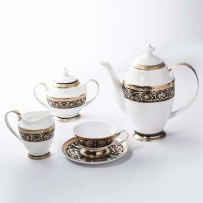 Dubai Black Embossed Bone China Crockery Golden Coffee Set Tea Set, Restaurant Modern Luxury Dinnerware Coffee Set>